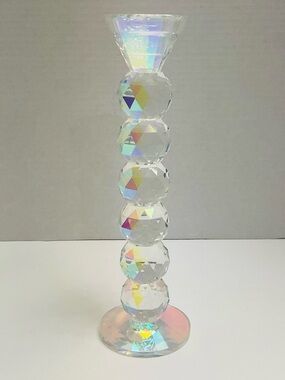 10” Iridescent Crystal Faceted Pillar Candle Holder - Rainbow Prism of Color